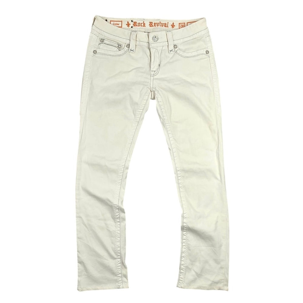 Rock Revival Celine Straight Leg White Jeans Silver Stitching Size 29
